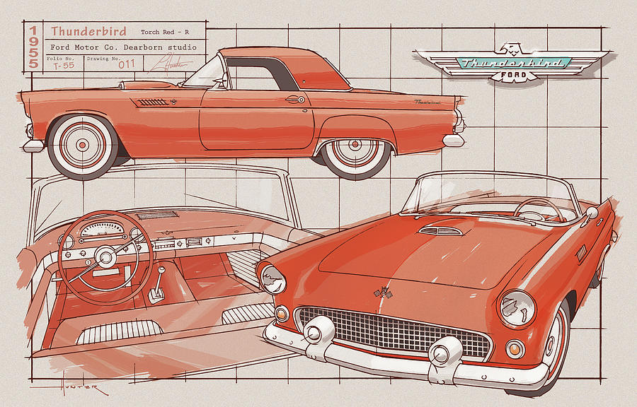 1955 Thunderbird, Torch Red Drawing by Larry Thor Hunter
