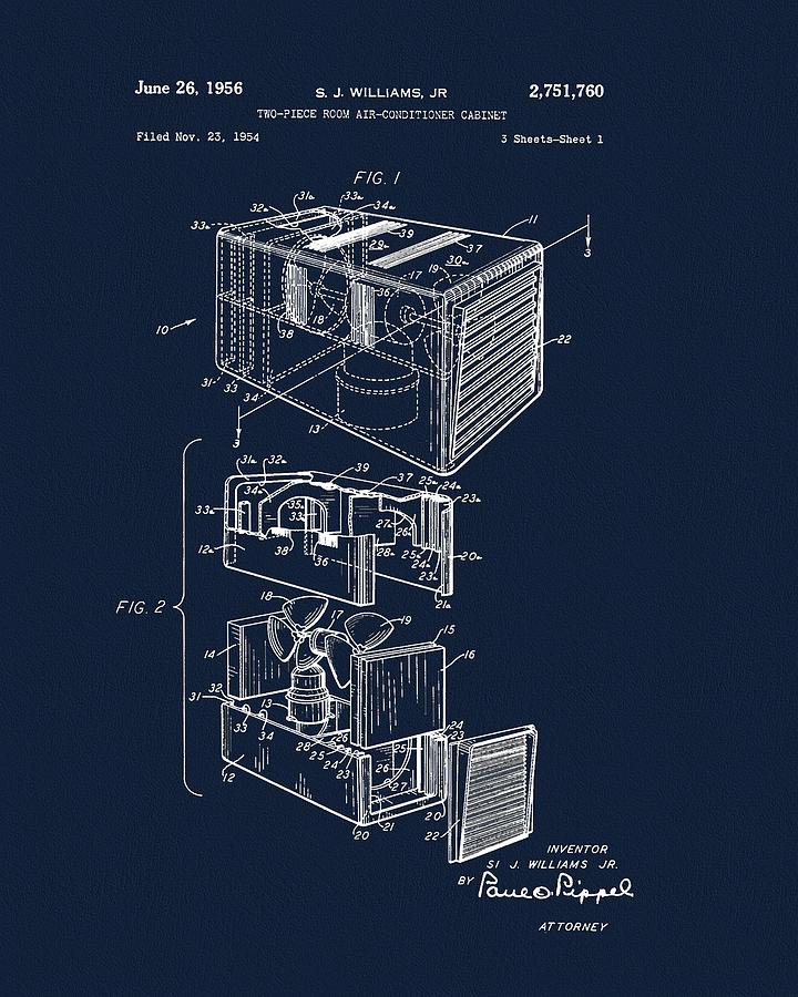 1956 Air Conditioner Illustration Dark Blue Drawing by Dan Sproul