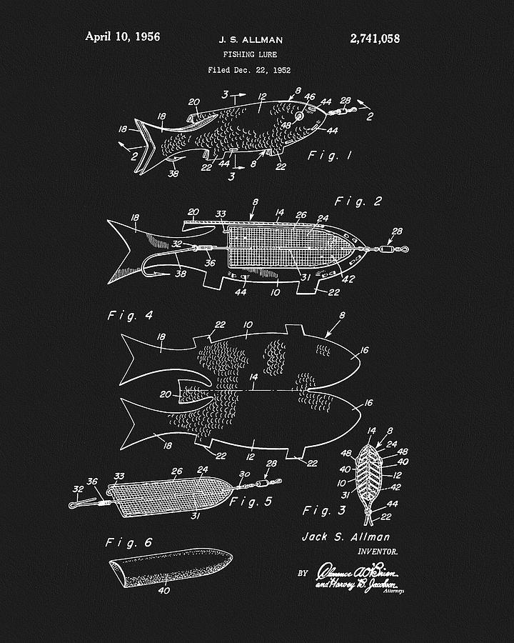 Fish Drawing - 1956 Fishing Lure Patent by Dan Sproul
