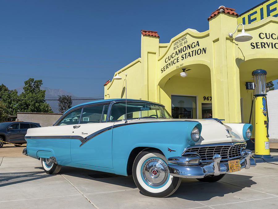 1956 Ford Fairlane Victoria - Blue_White - Front Right at Cucamo Photograph by Mark Roger Bailey