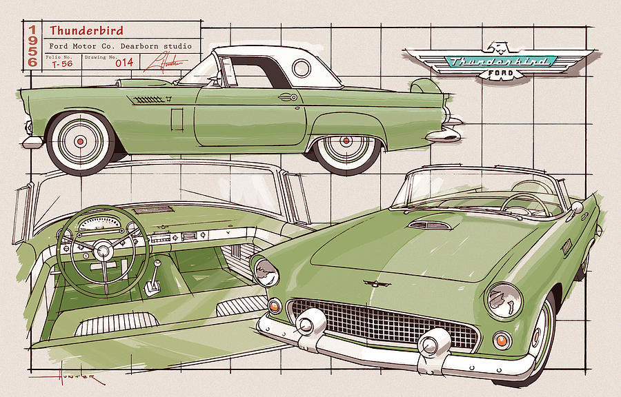 1956 Thunderbird green Drawing by Larry Hunter