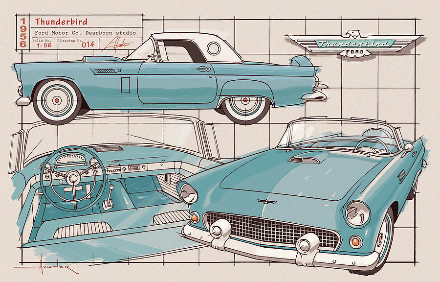 1956 Thunderbird Peacock blue Drawing by Larry Hunter