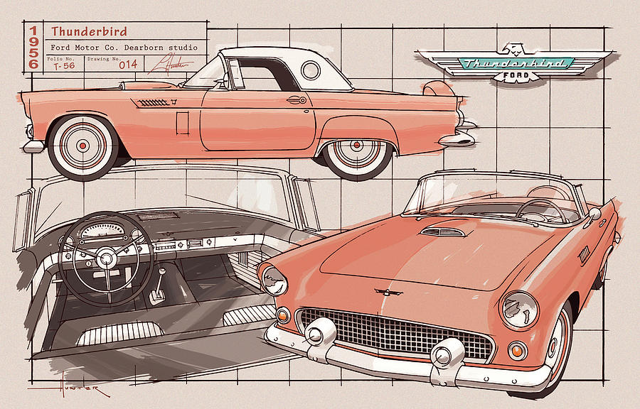 1956 Thunderbird sunset coral Drawing by Larry Hunter