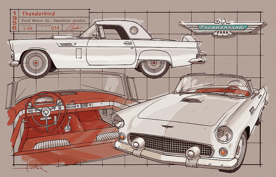 1956 Thunderbird white on red Drawing by Larry Hunter