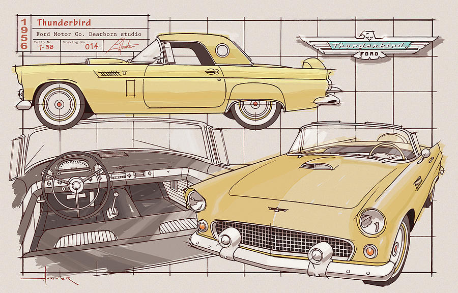 1956 Thunderbird Yellow Drawing by Larry Hunter