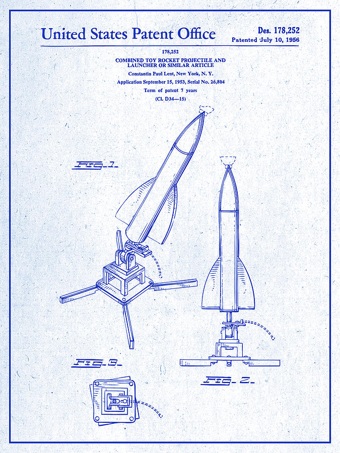 1956 Toy Rocket Blueprint Patent Print Drawing by Greg Edwards - Fine ...