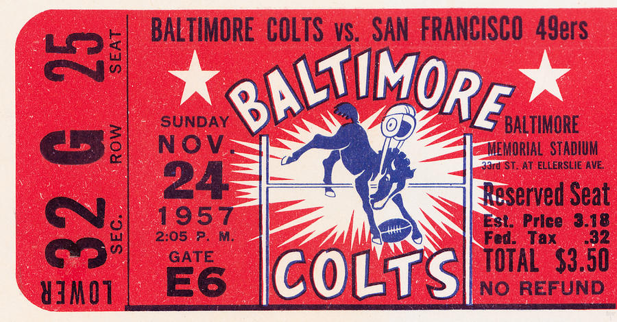 1957 Baltimore Colts vs. 49ers Football Ticket Art Mixed Media by Row One Brand