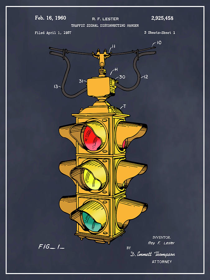 1957 Colorized Traffic Signal Disconnecting Hanger Patent Print Blackboard Drawing By Greg