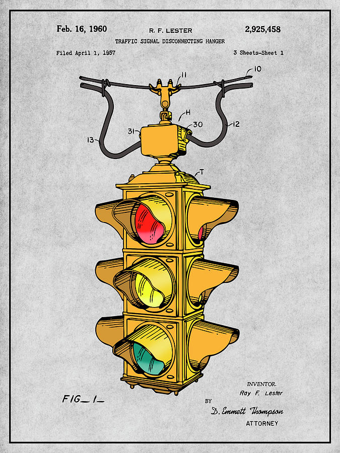 1957 Colorized Traffic Signal Disconnecting Hanger Patent Print Gray ...