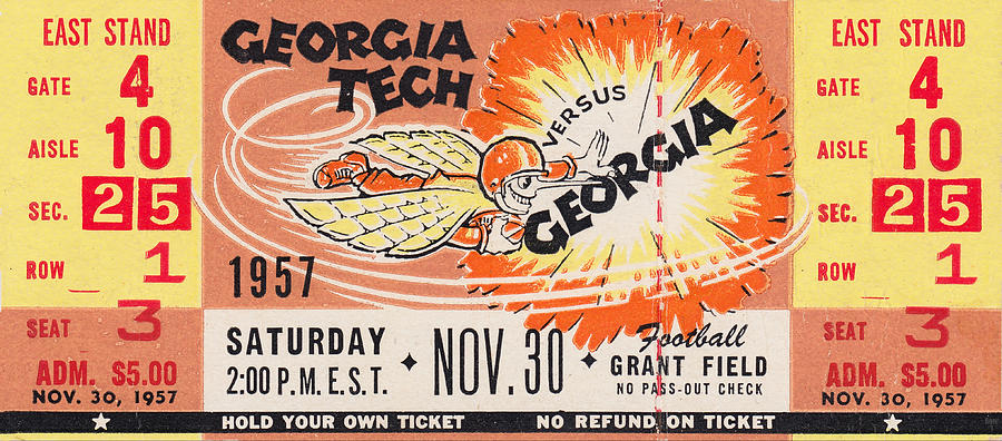 1957 Georgia Tech vs. Georgia Football Ticket Art Mixed Media by Row One Brand