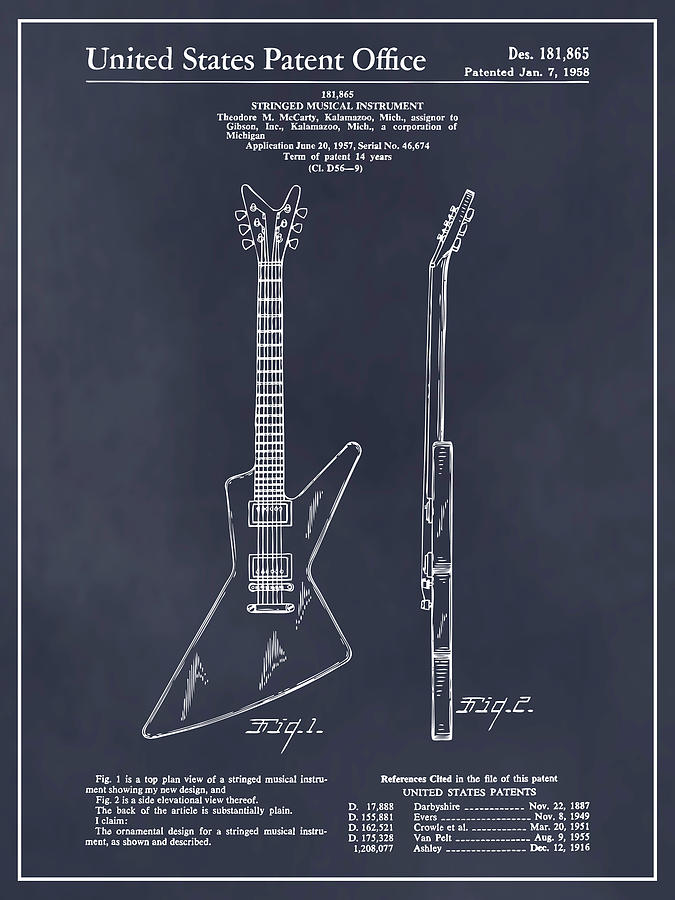 1957 Gibson Explorer Guitar Blackboard Patent Print by Greg Edwards