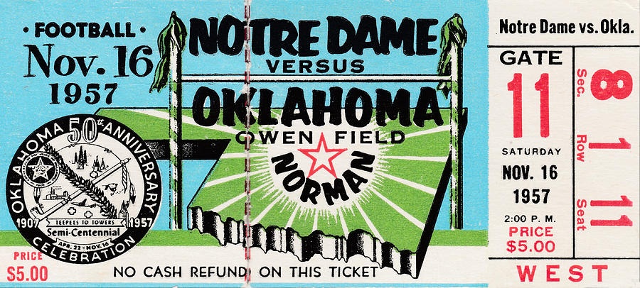 1957 Oklahoma vs. Notre Dame Football Ticket Stub Mixed Media by Row One Brand