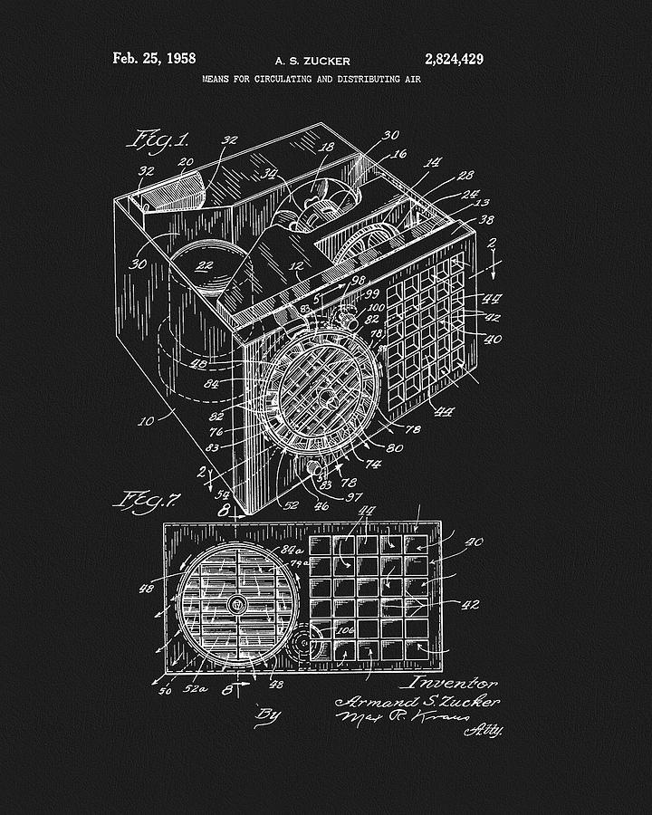 1958 Air Conditioner Patent On Black Drawing by Dan Sproul
