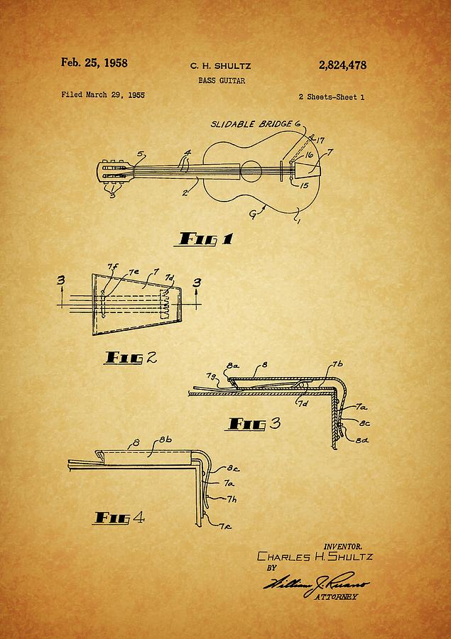 Electic Guitar Drawing - 1958 Bass Guitar Patent by Dan Sproul