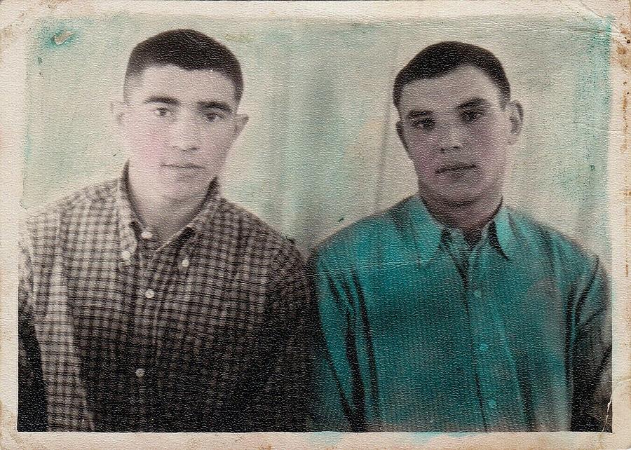 1958 Handsome young men TATAR Muslim arcade couple hand tinted Russian photo Painting by MotionAge Designs