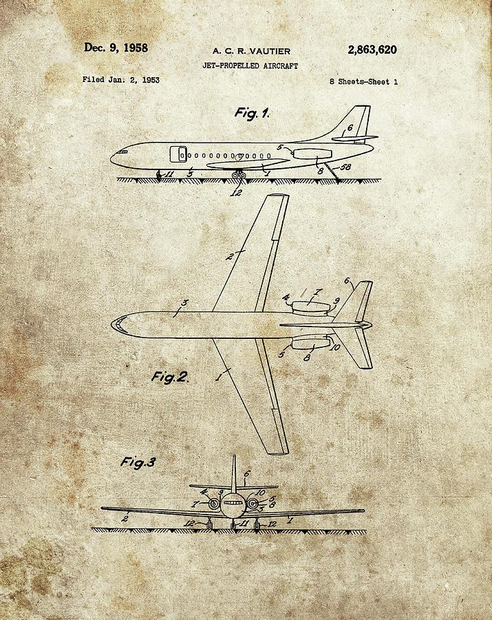 Airplane Drawing - 1958 Jet Airplane Patent by Dan Sproul
