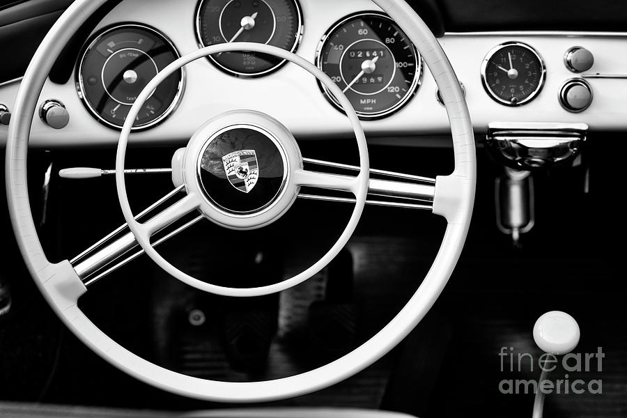 1958 Porsche Speedster Steering Wheel Monochrome  Photograph by Tim Gainey