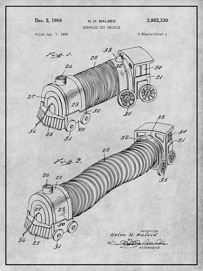 1958 Slinky Train Gray Patent Print Drawing by Greg Edwards - Pixels