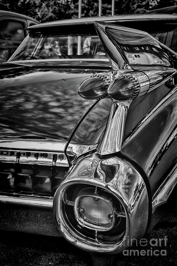 Vintage Photograph - 1959 Cadillac Iconic Bullet Lights 2 black and white by Paul Ward