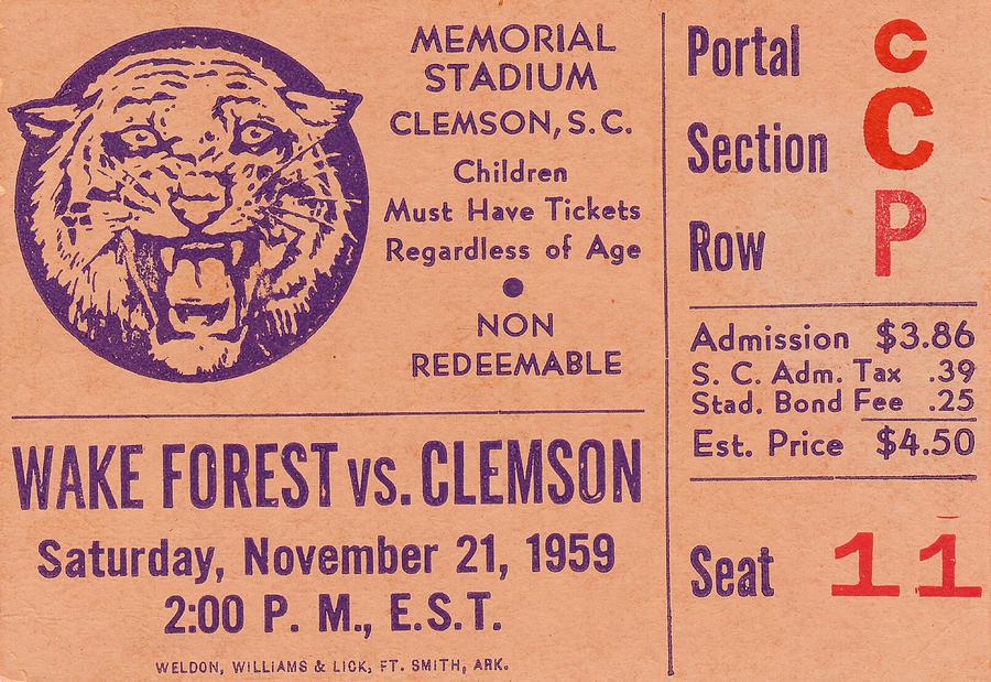 1959 Clemson vs. Wake Forest Drawing by Row One Brand