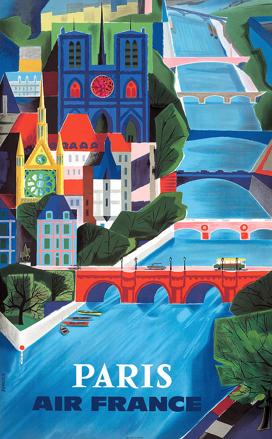 Paris Digital Art - 1960 Air France Paris Bridges Travel Poster by Retro Graphics