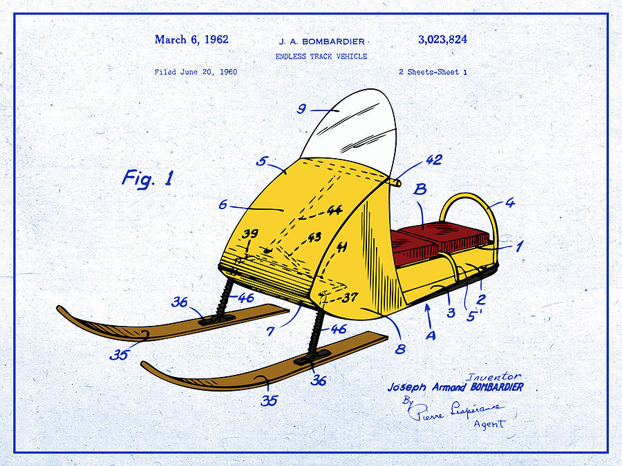 Art & Collectibles Drawing - 1960 Bombardier Snowmobile Colorized Blueprint Patent Print by Greg Edwards