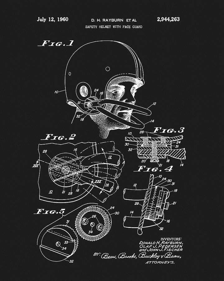 Football Drawing - 1960 Football Helmet Patent by Dan Sproul