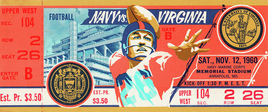 1960 Navy vs. Virginia Football Ticket Stub Art Mixed Media by Row One Brand