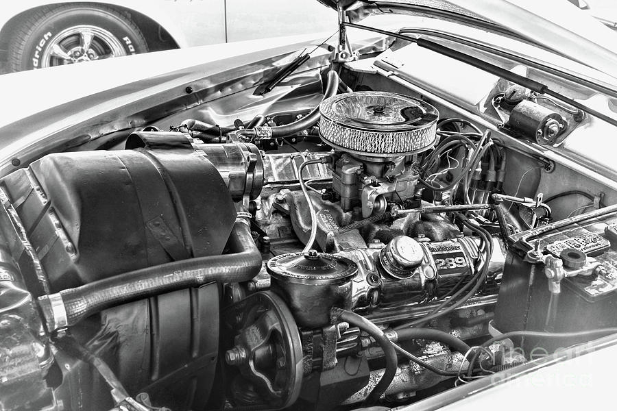 1960 Studebaker Hawk 289 Engine black and white Photograph by Paul Ward