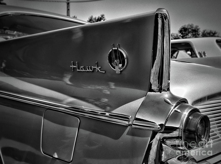 1960 Studebaker Hawk Tail Fin black and white Photograph by Paul Ward