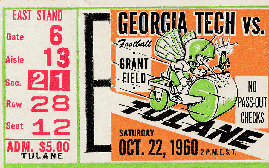1960 Tulane vs. Georgia Tech Football Ticket Art Mixed Media by Row One Brand
