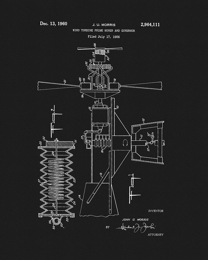 Wind Turbine Drawing - 1960 Wind Turbine Patent by Dan Sproul