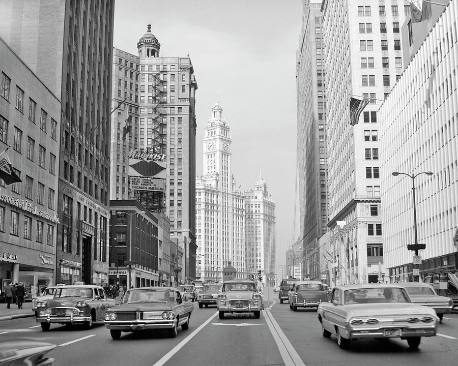 1960s 1963 Chicago IL USA Michigan Avenue traffic Wrigley building Photograph by Panoramic Images