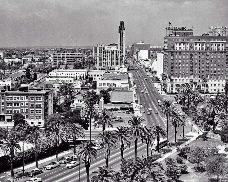 1960s aerial of Wilshire Boulevard look across Lafayette Park to ...