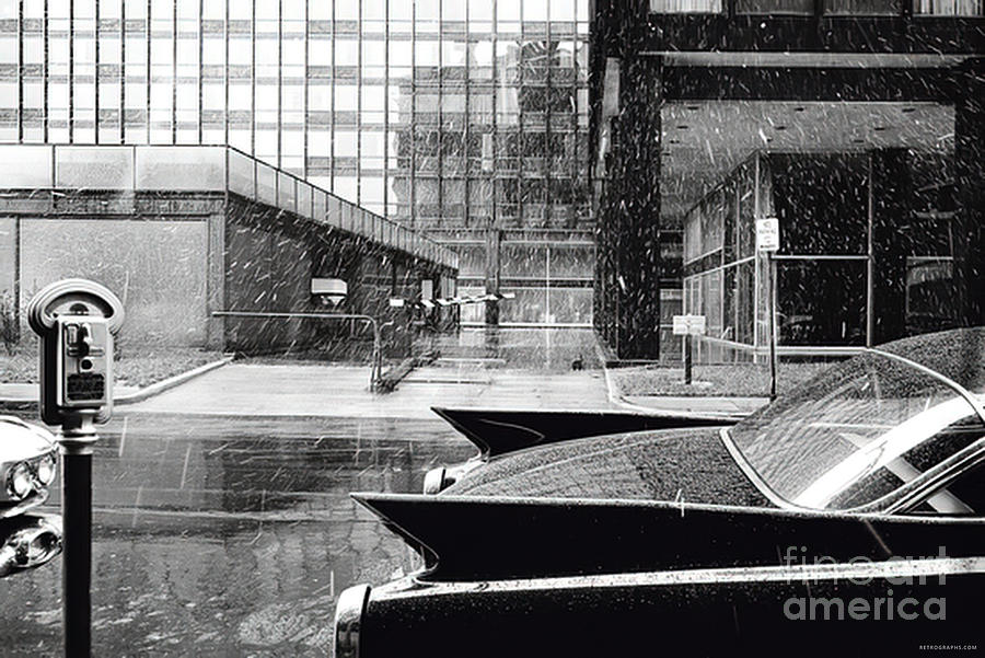 1960s rainy city street scene with Cadillac Photograph by Retrographs