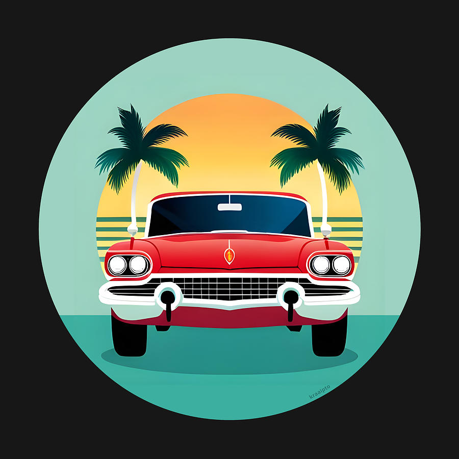 1960s Red Classic Car with palm trees at Sunset Digital Art by Peter Kraaibeek