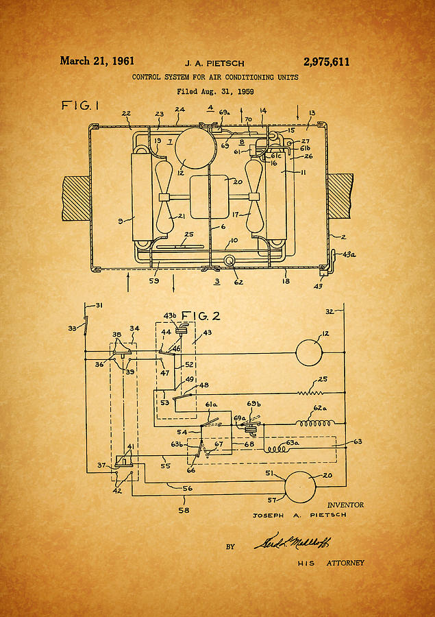 1961 Air Conditioner Controls Patent Drawing by Dan Sproul - Fine Art ...