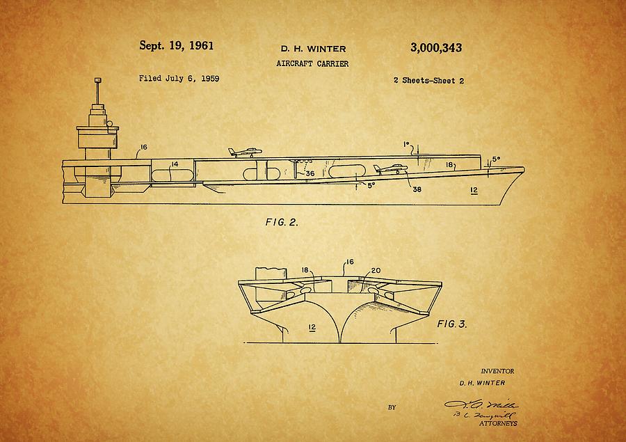 1961 Aircraft Carrier Patent Drawing by Dan Sproul