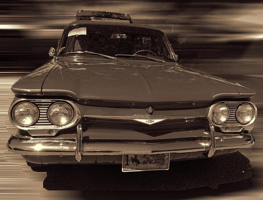 1961 Chevy Corvair frontend BW Photograph by Cathy Anderson