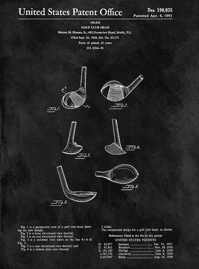 Golf Club Head Drawing - 1961 Golf Club Head Patent Drawing by Dan Sproul