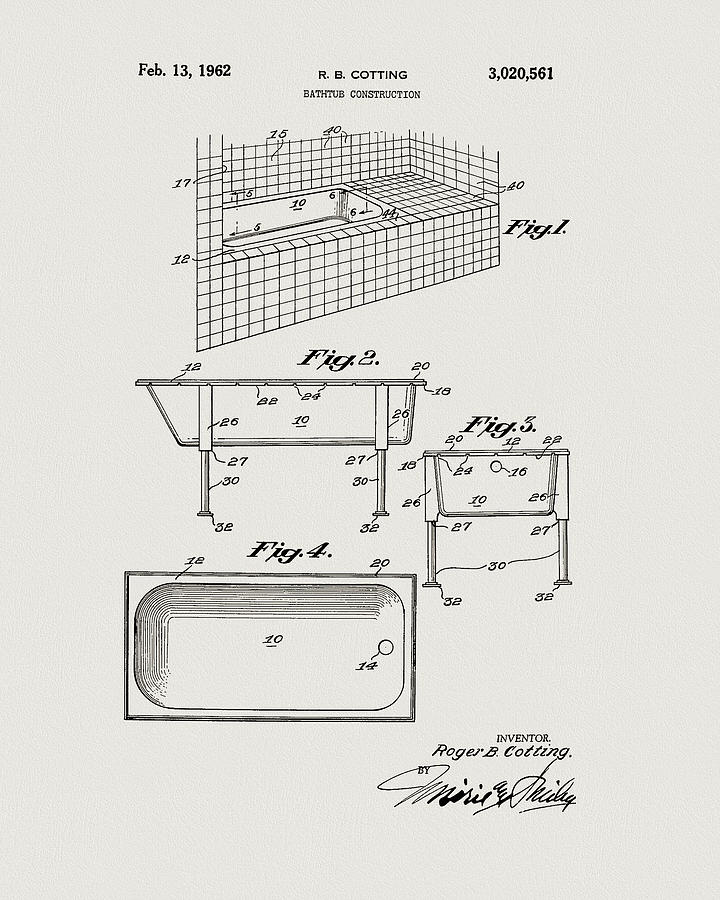 Bathtub Drawing - 1962 Bathtub Patent by Dan Sproul