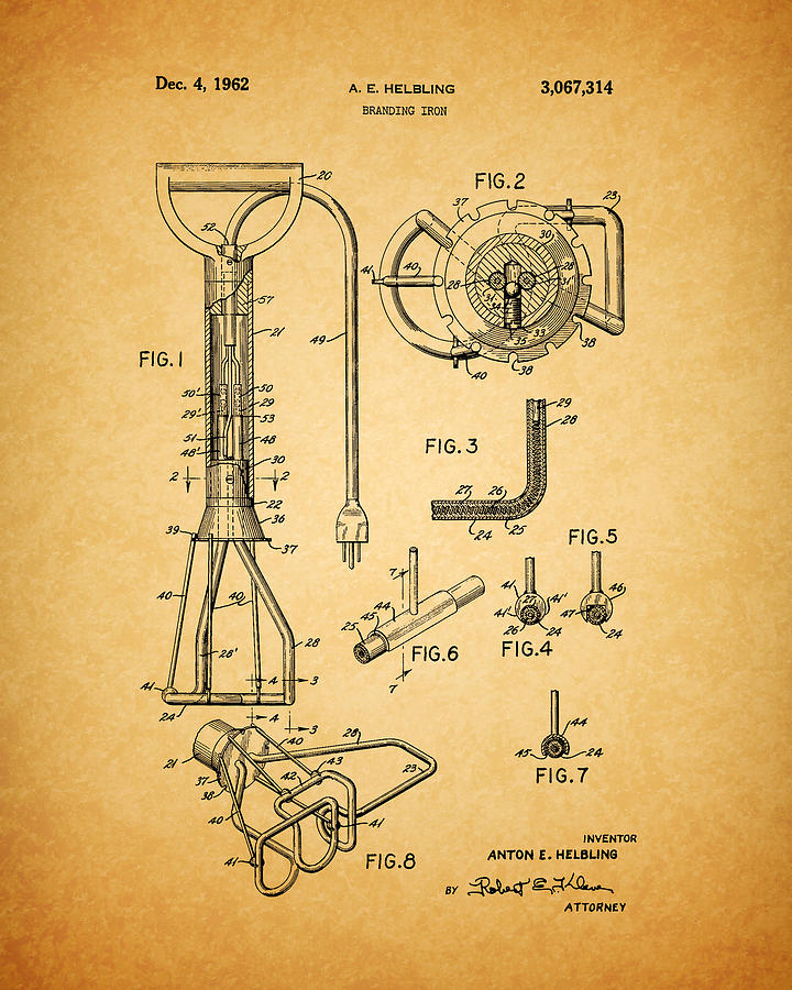 Cow Drawing - 1962 Branding Iron Patent by Dan Sproul