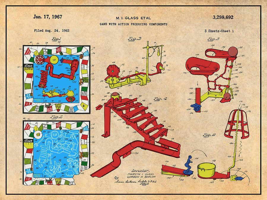 1962 Mouse Trap Game with Action Producing Components Colorized Patent Print Antique Paper Drawing by Greg Edwards