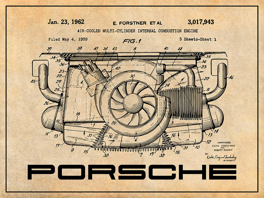 1962 Porsche Air cooled Engine Patent Print Antique Paper Drawing by Greg Edwards