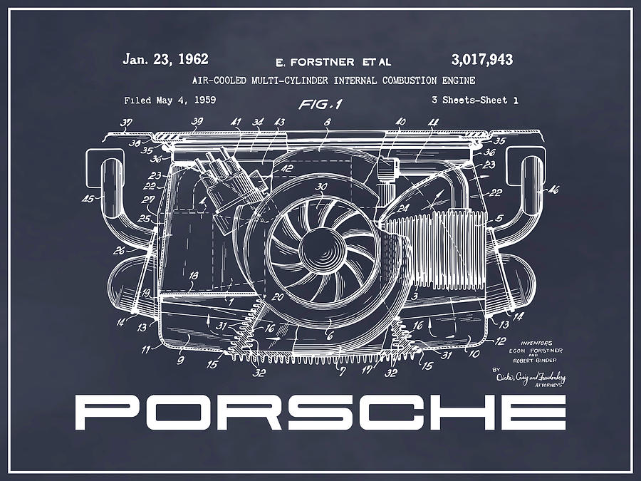 1962 Porsche Air cooled Engine Patent Print Blackboard Drawing by Greg Edwards