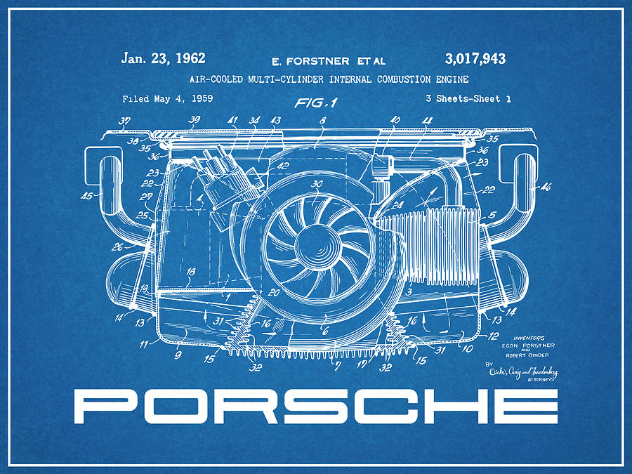 1962 Porsche Air cooled Engine Patent Print Blueprint Drawing by Greg Edwards