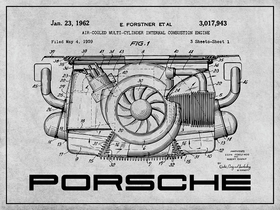 1962 Porsche Air cooled Engine Patent Print Gray Drawing by Greg Edwards