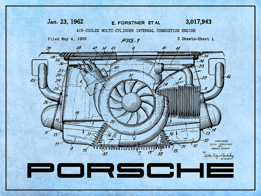1962 Porsche Air cooled Engine Patent Print Light Blue Drawing by Greg Edwards