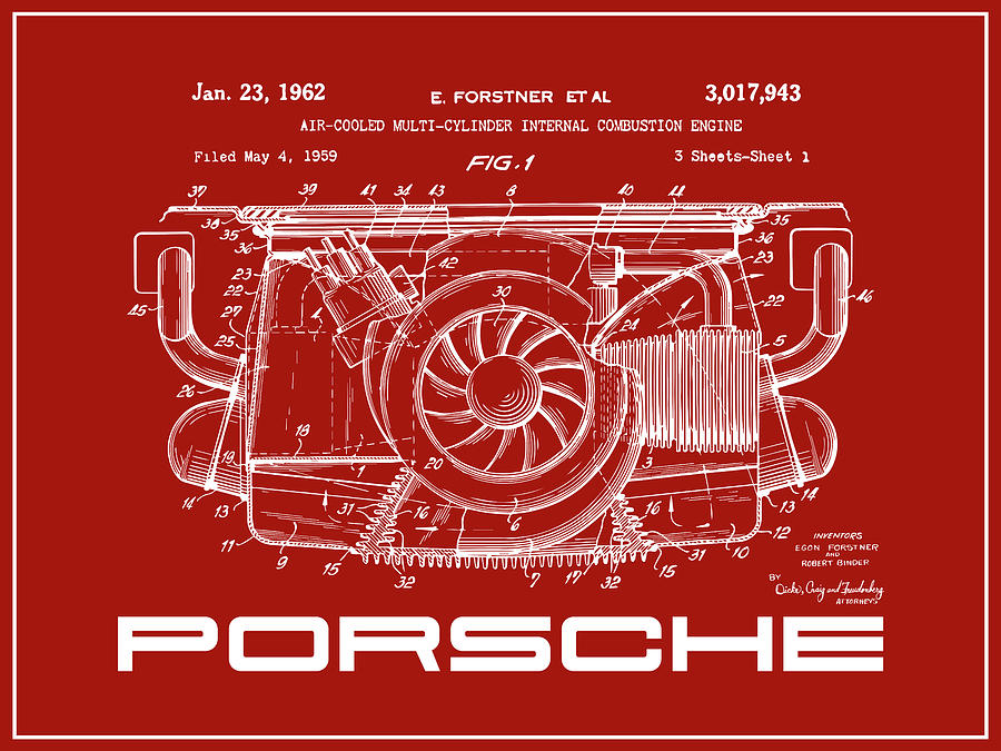 1962 Porsche Air cooled Engine Patent Print Red Drawing by Greg Edwards