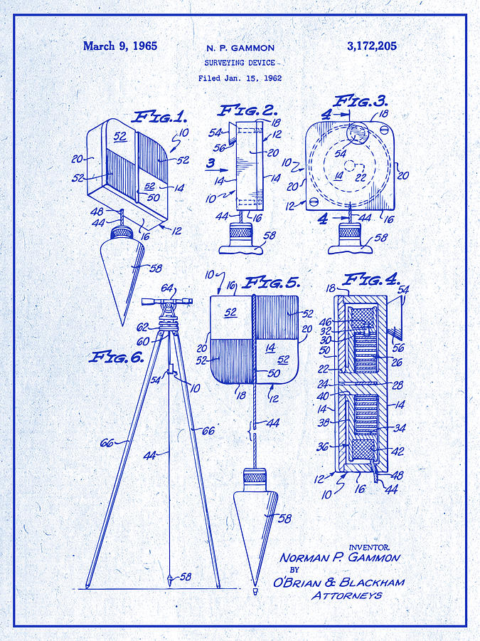1962 Surveying Device Plumb Bob Patent Print Blueprint Drawing by Greg Edwards